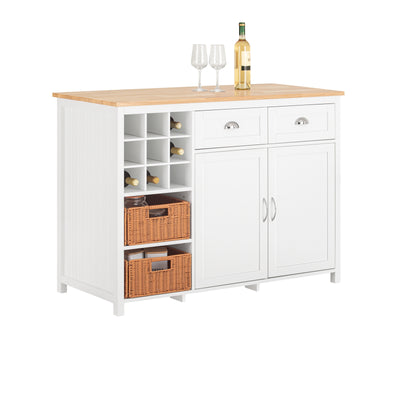 SoBuy KNL05-W Kitchen Island with Rubber Wood Worktop, Wine Rack & Storage – White Kitchen Cabinet Sideboard Bar Table