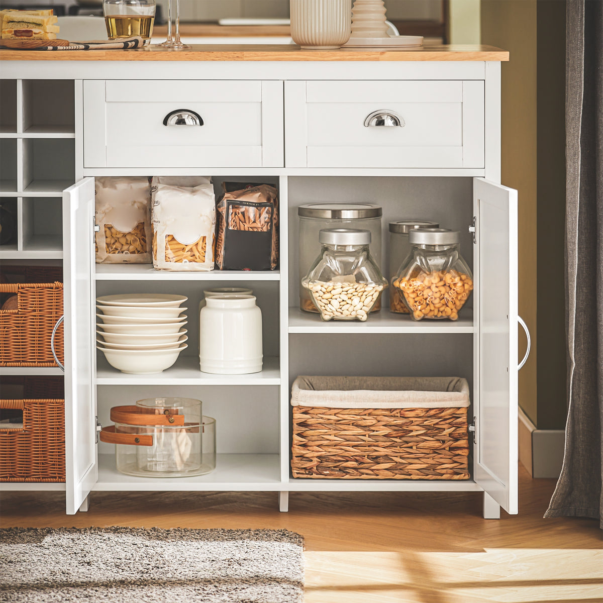 SoBuy KNL05-W Kitchen Island with Rubber Wood Worktop, Wine Rack & Storage – White Kitchen Cabinet Sideboard Bar Table