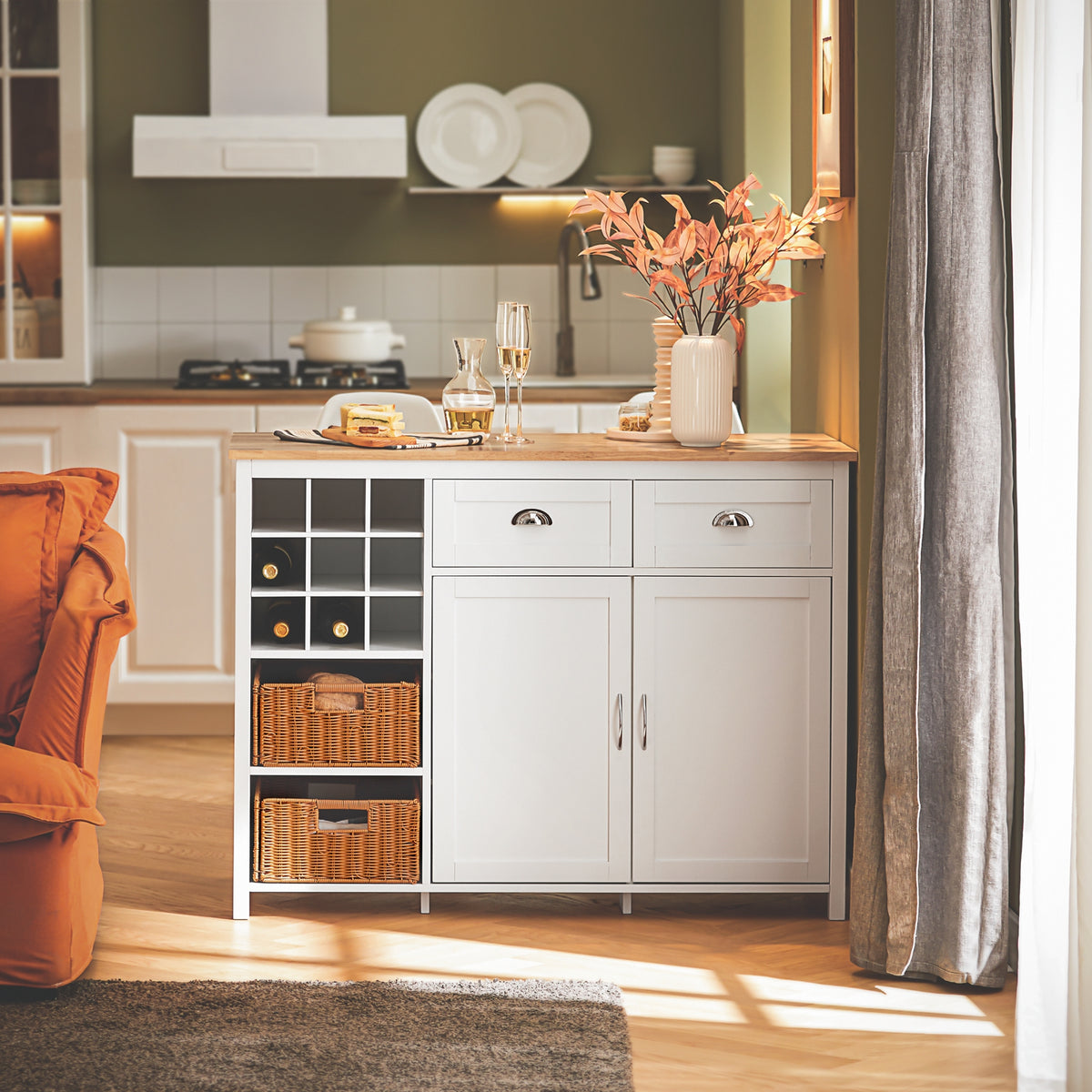 SoBuy KNL05-W Kitchen Island with Rubber Wood Worktop, Wine Rack & Storage – White Kitchen Cabinet Sideboard Bar Table