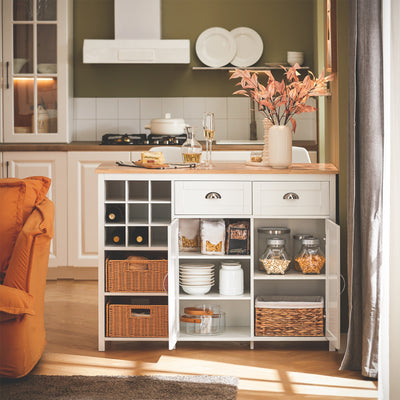 SoBuy KNL05-W Kitchen Island with Rubber Wood Worktop, Wine Rack & Storage – White Kitchen Cabinet Sideboard Bar Table