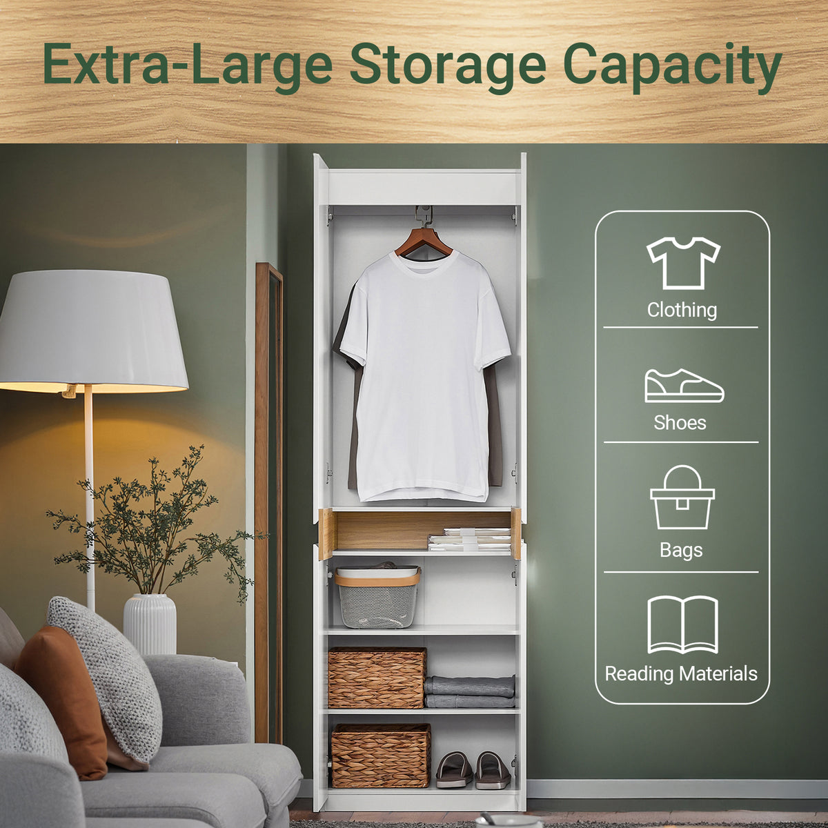 SoBuy KSB01-W, White Wardrobe with Shelves and Hanging Rail – Space-Saving Slim Storage Cabinet with Adjustable Shelf for Bedroom Hallway – Anti-Tip Safe Design, 65kg Load, W61xD30xH192cm