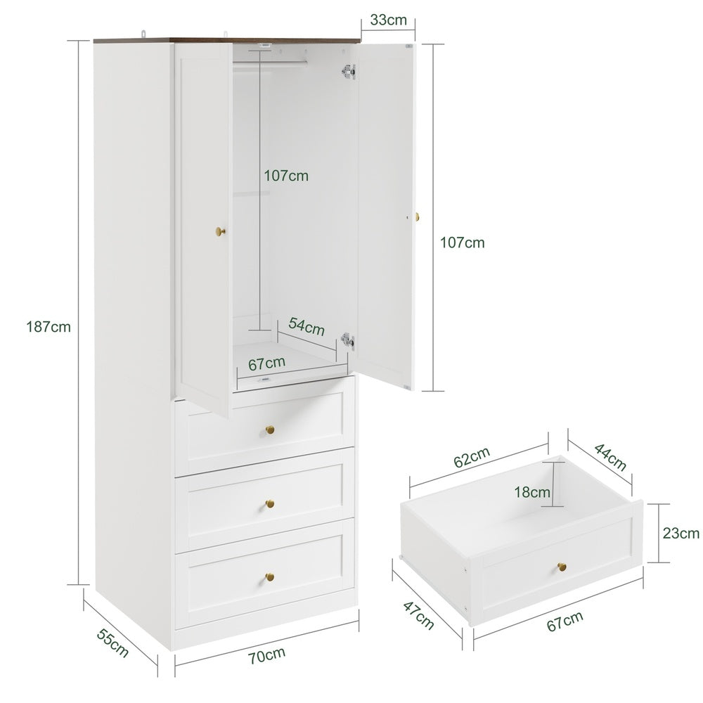 SoBuy KSB04-W, 2 Door Wardrobe with 3 Drawers & Hanging Rail, White, 70x55x187cm - view 3