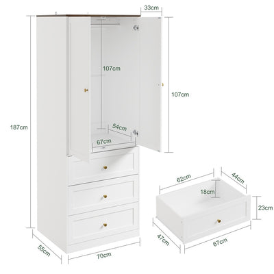 SoBuy KSB04-W, 2 Door Wardrobe with 3 Drawers & Hanging Rail, White, 70x55x187cm - view 3