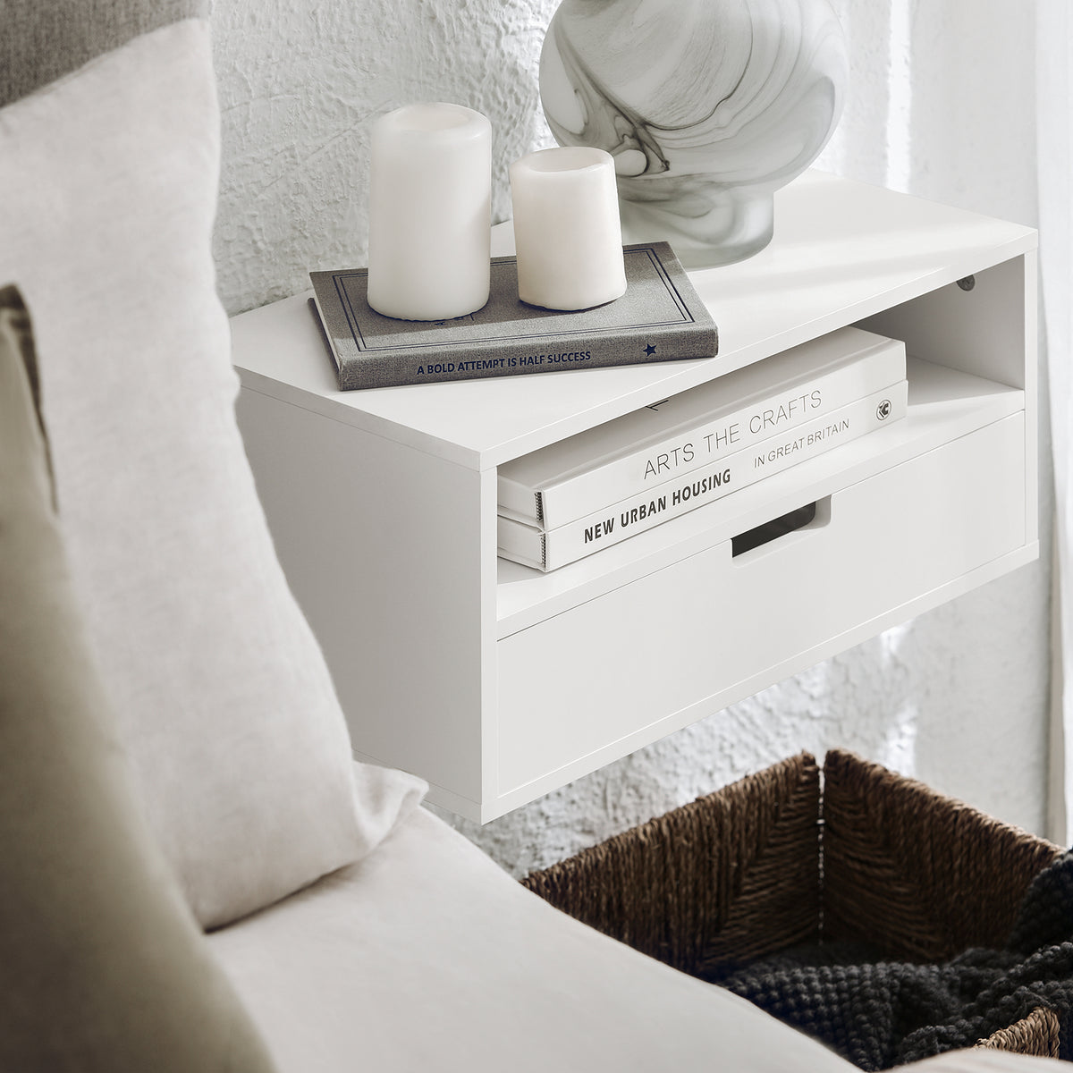 SoBuy NKD03-W, Floating Nightstand Wall-mounted Bedside Table Cabinet Wall Shelf, White