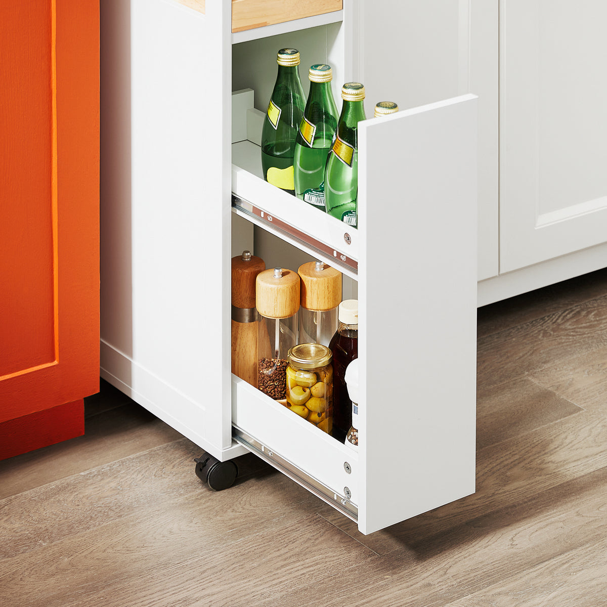 SoBuy NSR11-WN, Serving Trolley Slide Out Storage Rack Shelf on Wheels Mobile Storage Rack, White and Natural