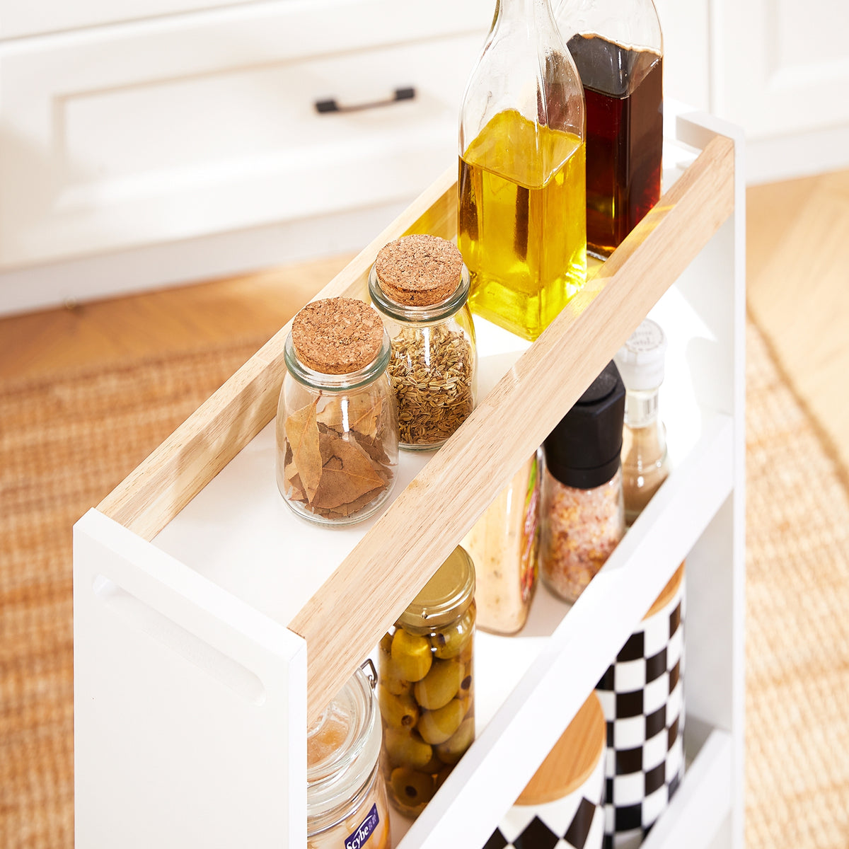 SoBuy NSR12-W, 4 Tiers Serving Trolley, Slide Out Storage Rack Shelf on Wheels, White and Natural