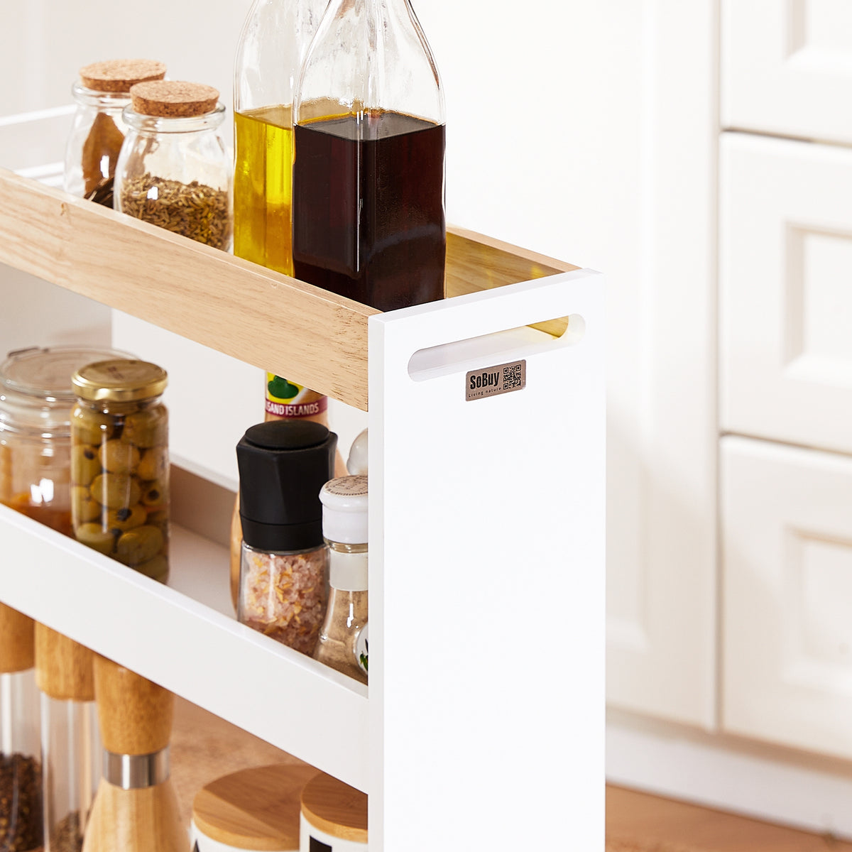 SoBuy NSR12-W, 4 Tiers Serving Trolley, Slide Out Storage Rack Shelf on Wheels, White and Natural