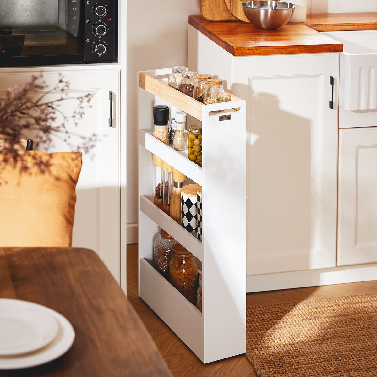 SoBuy NSR12-W, 4 Tiers Serving Trolley, Slide Out Storage Rack Shelf on Wheels, White and Natural
