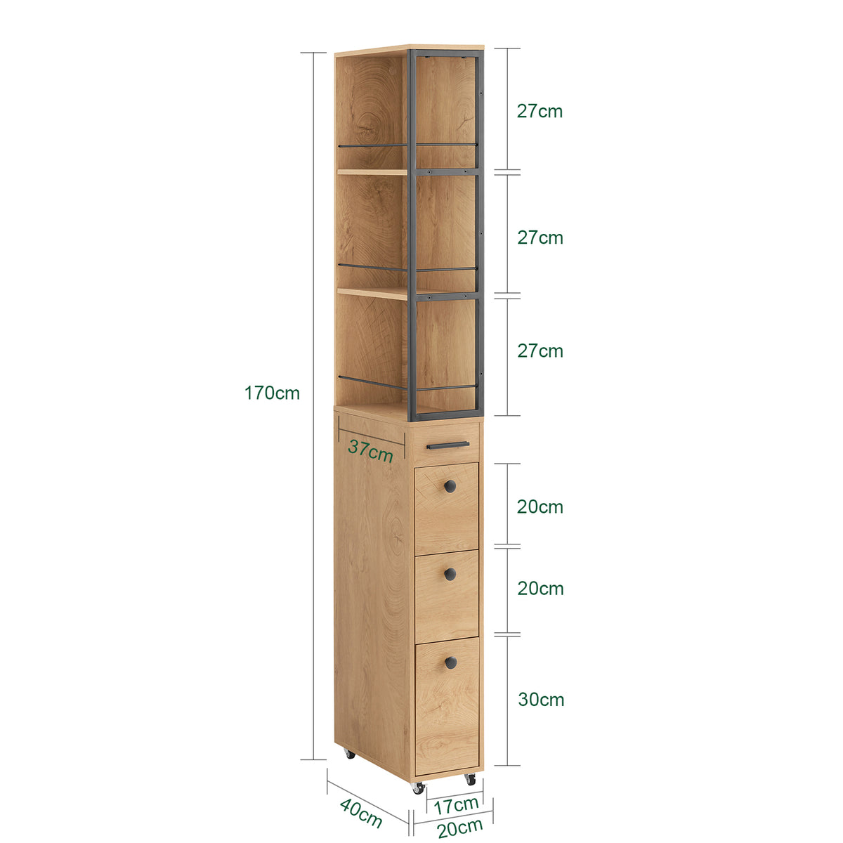 SoBuy NSR13-N dimensions diagram – W20×D40×H170cm ultra-slim tall storage cabinet on wheels 26kg load capacity