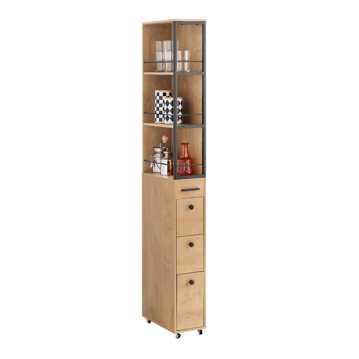 SoBuy NSR13-N ultra-slim 20cm tall storage cabinet on wheels with 3 drawers and 3 shelves wood black – white background