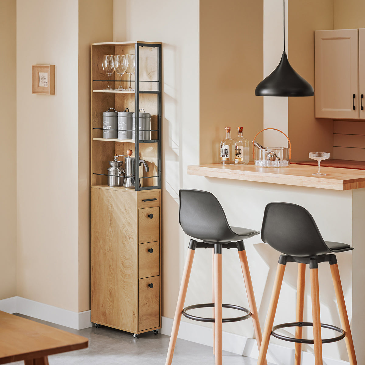 SoBuy NSR13-N slim tall storage cabinet on wheels in kitchen gap setting – 3 drawers 3 shelves natural wood black metal