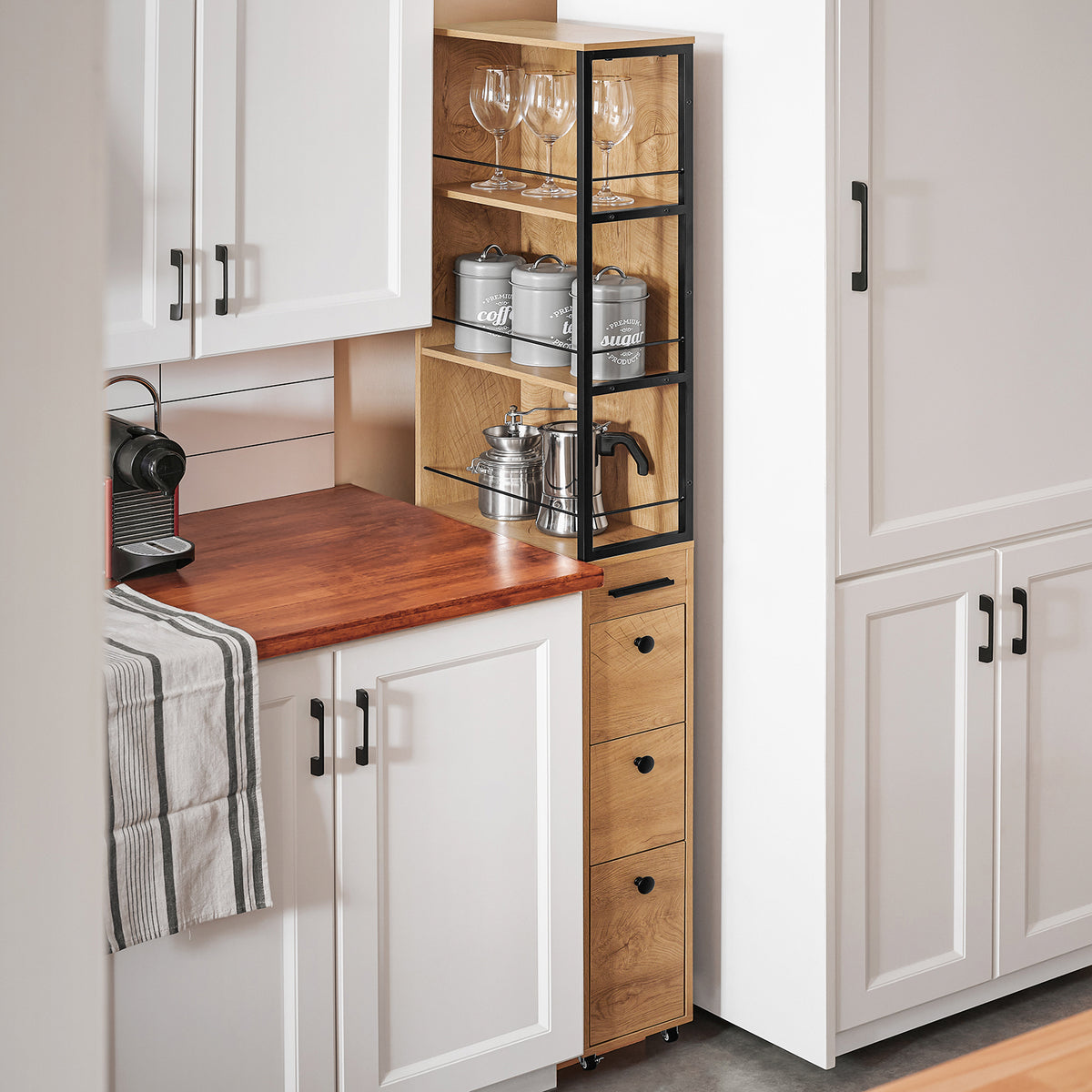 SoBuy NSR13-N narrow rolling storage unit in bathroom setting – 20cm wide tall cabinet wood and black metal frame