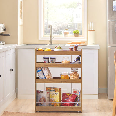 SoBuy NSR01-PF, 4 Tiers Serving Trolley, Slide Out Shelf on Wheels, Mobile Storage Rack, Brown