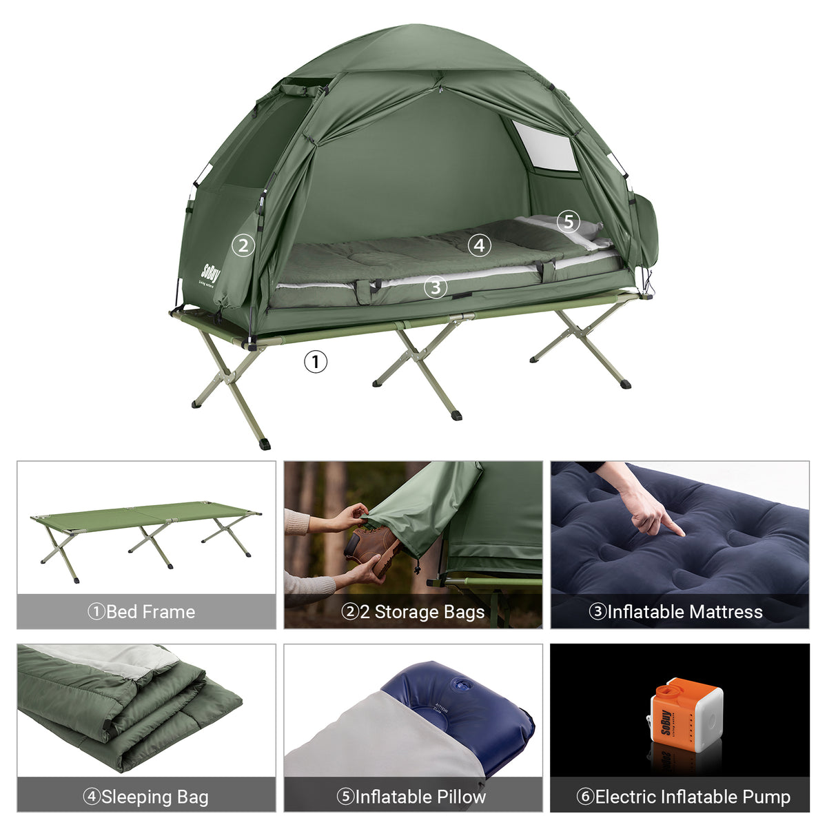 SoBuy OGS32-GR, [Deluxe Edition] 1 Person Foldable Camping Tent with Inflatable Mattress, Sleeping Bag, Inflatable Pillow, Air Pump and Star Roof, Green
