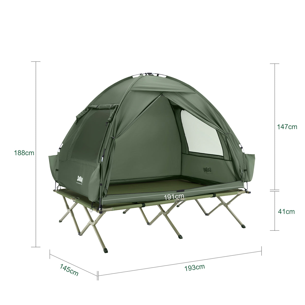 SoBuy OGS32-II-L-GR,   [Simple Edition] 2 Person Camping Cot Camping Tent with Bed Frame, Lamp Hook and Shoe Storage Pockets, Green