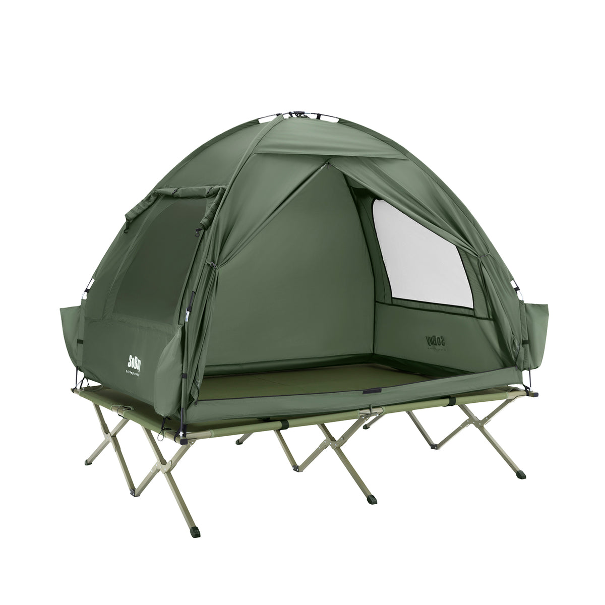 SoBuy OGS32-II-L-GR,   [Simple Edition] 2 Person Camping Cot Camping Tent with Bed Frame, Lamp Hook and Shoe Storage Pockets, Green
