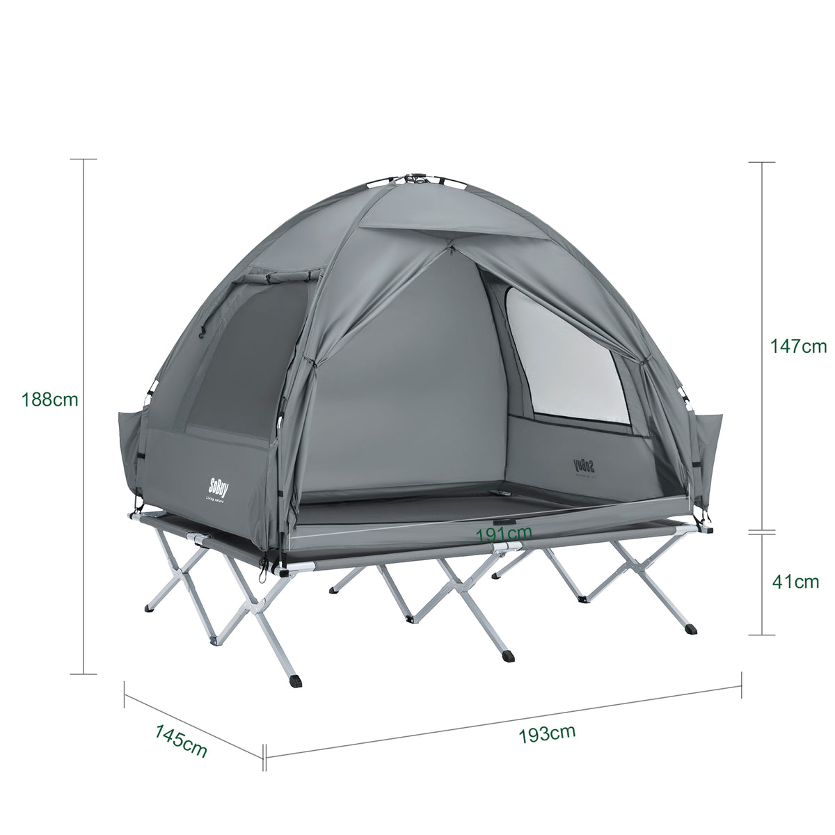 SoBuy OGS32-II-L-HG,  [Simple Edition] 2 Person Camping Cot Camping Tent with Bed Frame, Lamp Hook and Shoe Storage Pockets, Grey