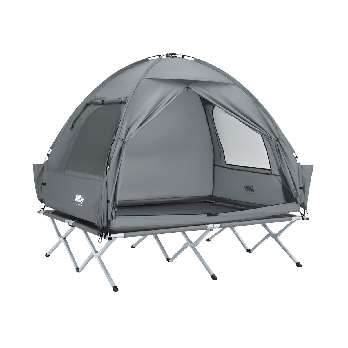 SoBuy OGS32-II-L-HG,  [Simple Edition] 2 Person Camping Cot Camping Tent with Bed Frame, Lamp Hook and Shoe Storage Pockets, Grey