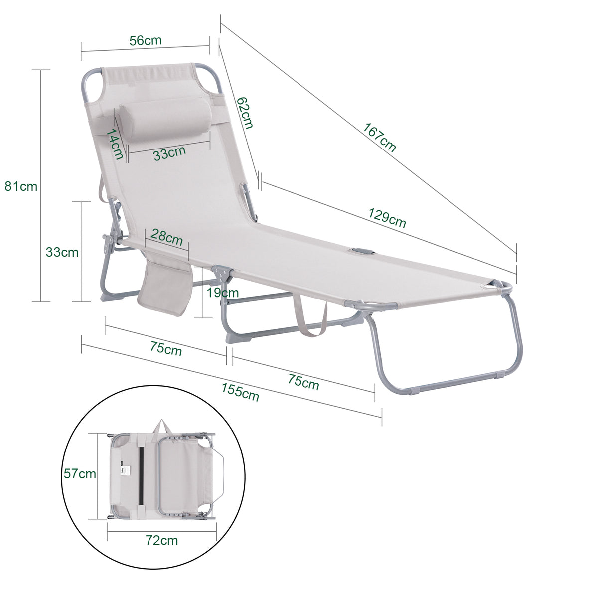 SoBuy OGS35-MI, Textilene Reclining Folding Chair, Adjustable Back Camping Chair Sunlounger, Beige
