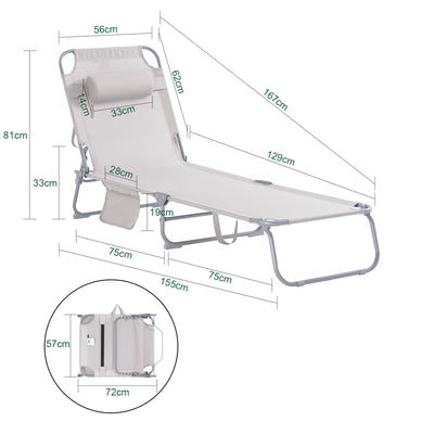 SoBuy OGS35-MI, Textilene Reclining Folding Chair, Adjustable Back Camping Chair Sunlounger, Beige