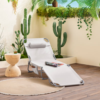 SoBuy OGS35-MI, Textilene Reclining Folding Chair, Adjustable Back Camping Chair Sunlounger, Beige