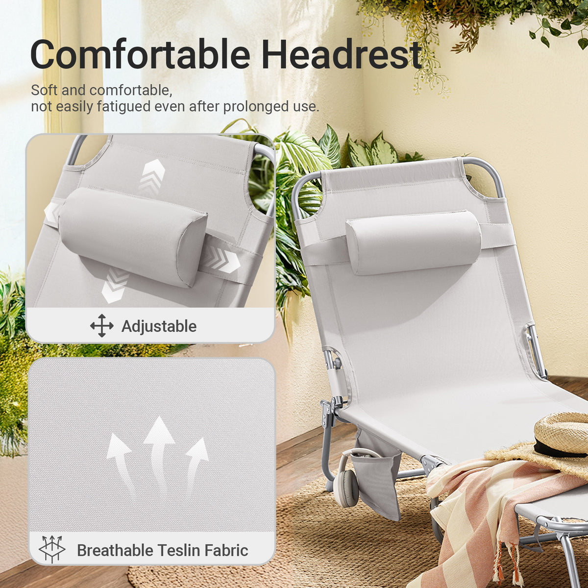 SoBuy OGS35-MI, Textilene Reclining Folding Chair, Adjustable Back Camping Chair Sunlounger, Beige