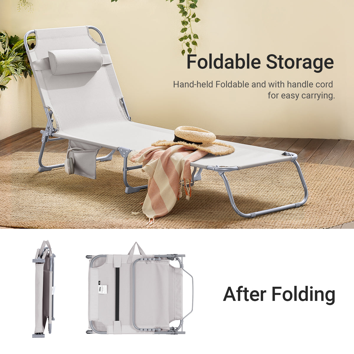 SoBuy OGS35-MI, Textilene Reclining Folding Chair, Adjustable Back Camping Chair Sunlounger, Beige