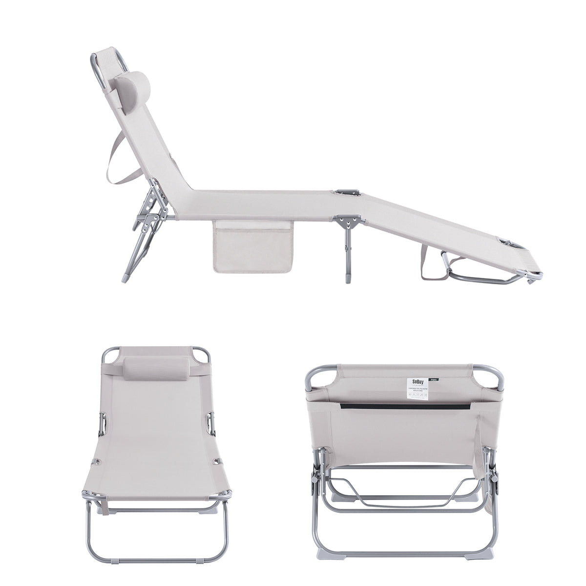 SoBuy OGS35-MI, Textilene Reclining Folding Chair, Adjustable Back Camping Chair Sunlounger, Beige