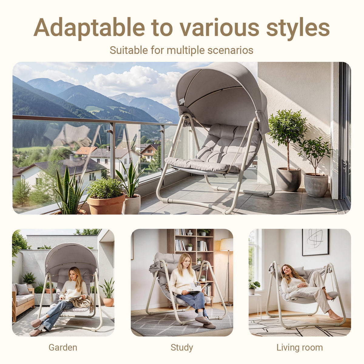 Pre-sale SoBuy OGS62-MI, Hanging Chair with Stand, Garden Swing Chair with Adjustable Canopy, Reclining Relax Chair with Thick Cushion, Indoor Outdoor Balcony Patio Chair, Steel Frame, Beige 108x126x163 cm