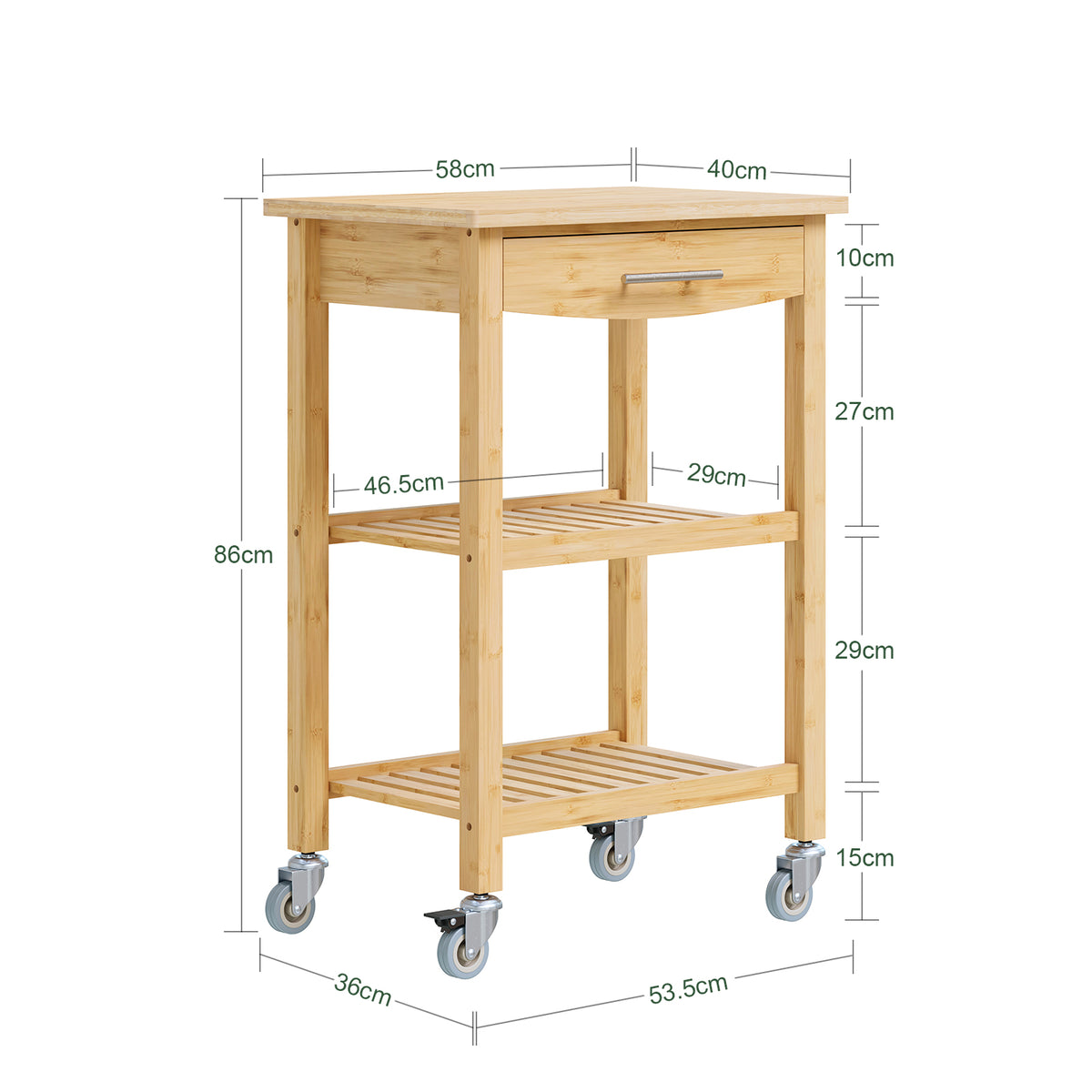 SoBuy FKW135-N, Kitchen Trolley on Wheels with Drawer & Shelves, Rolling Storage Cart with Worktop, Natural, 58x40x86cm
