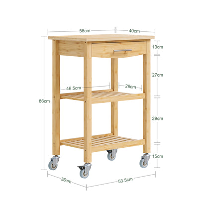 SoBuy FKW135-N, Kitchen Trolley on Wheels with Drawer & Shelves, Rolling Storage Cart with Worktop, Natural, 58x40x86cm