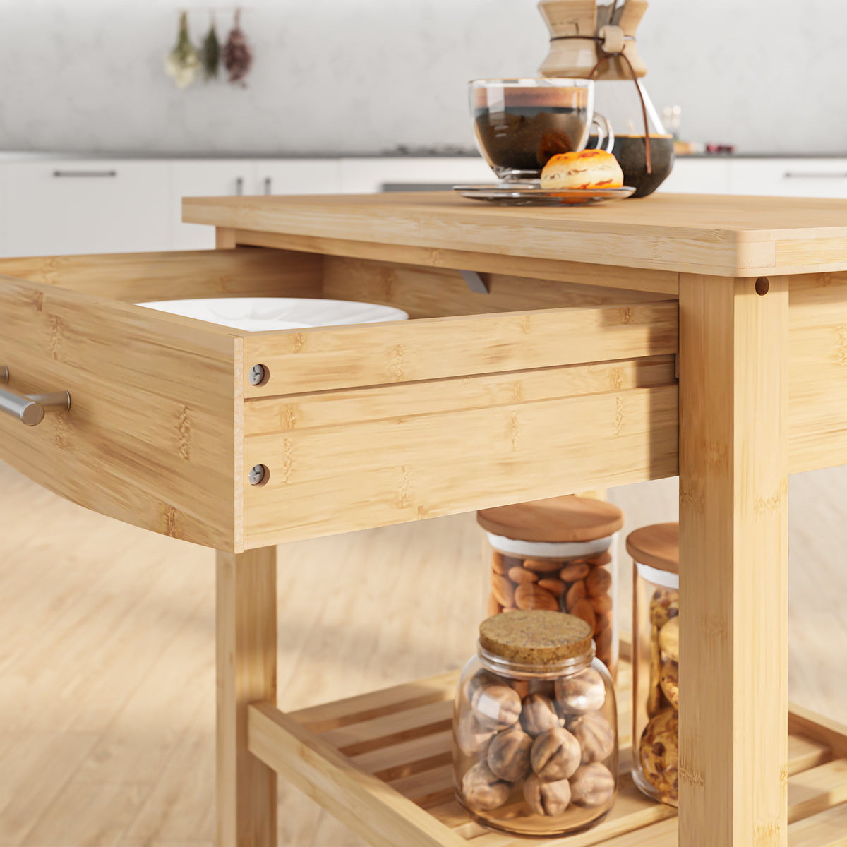 SoBuy FKW135-N, Kitchen Trolley on Wheels with Drawer & Shelves, Rolling Storage Cart with Worktop, Natural, 58x40x86cm