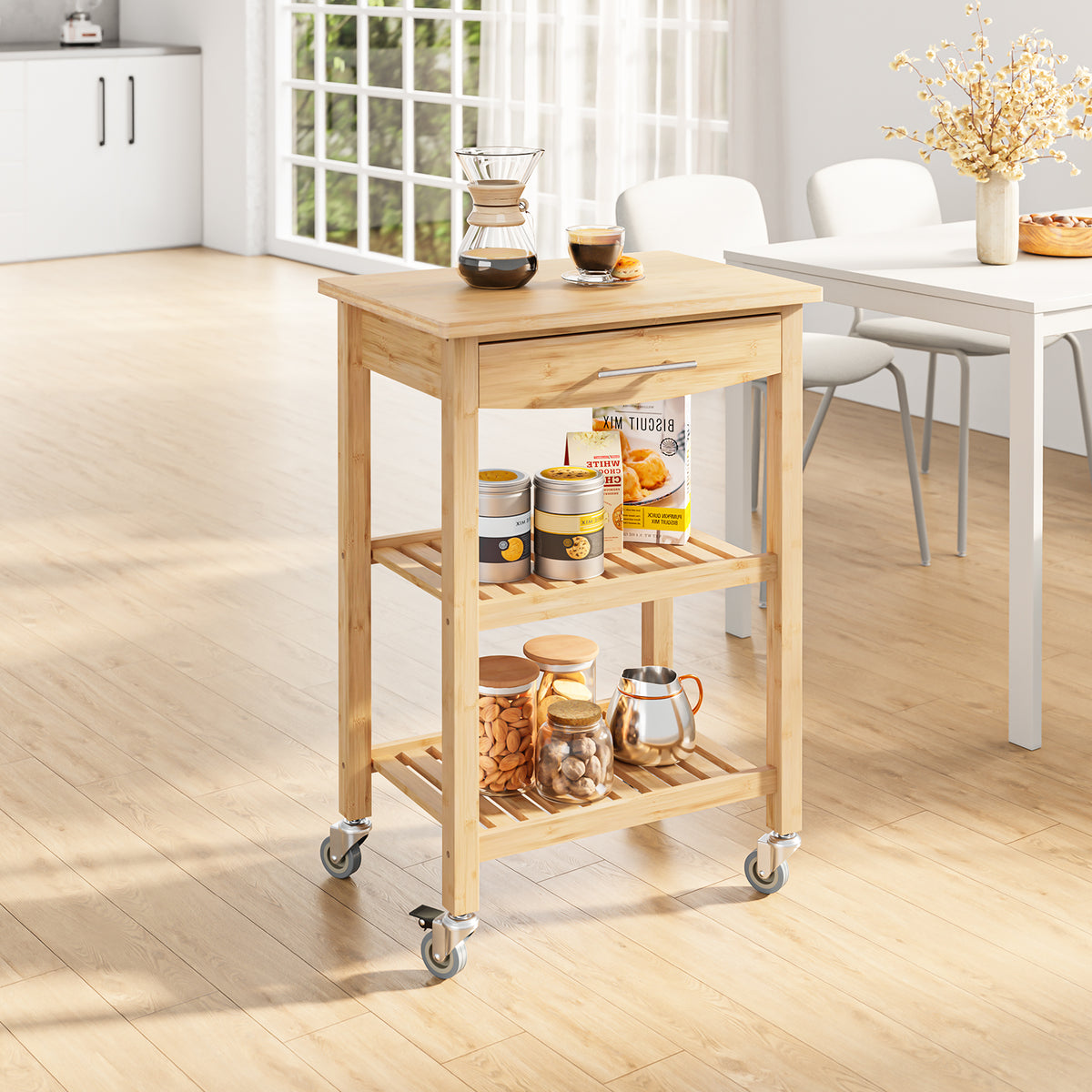 SoBuy FKW135-N, Kitchen Trolley on Wheels with Drawer & Shelves, Rolling Storage Cart with Worktop, Natural, 58x40x86cm