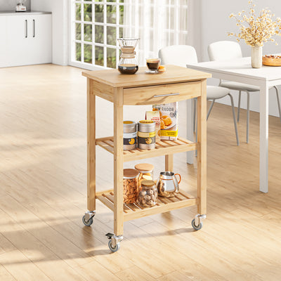 SoBuy FKW135-N, Kitchen Trolley on Wheels with Drawer & Shelves, Rolling Storage Cart with Worktop, Natural, 58x40x86cm