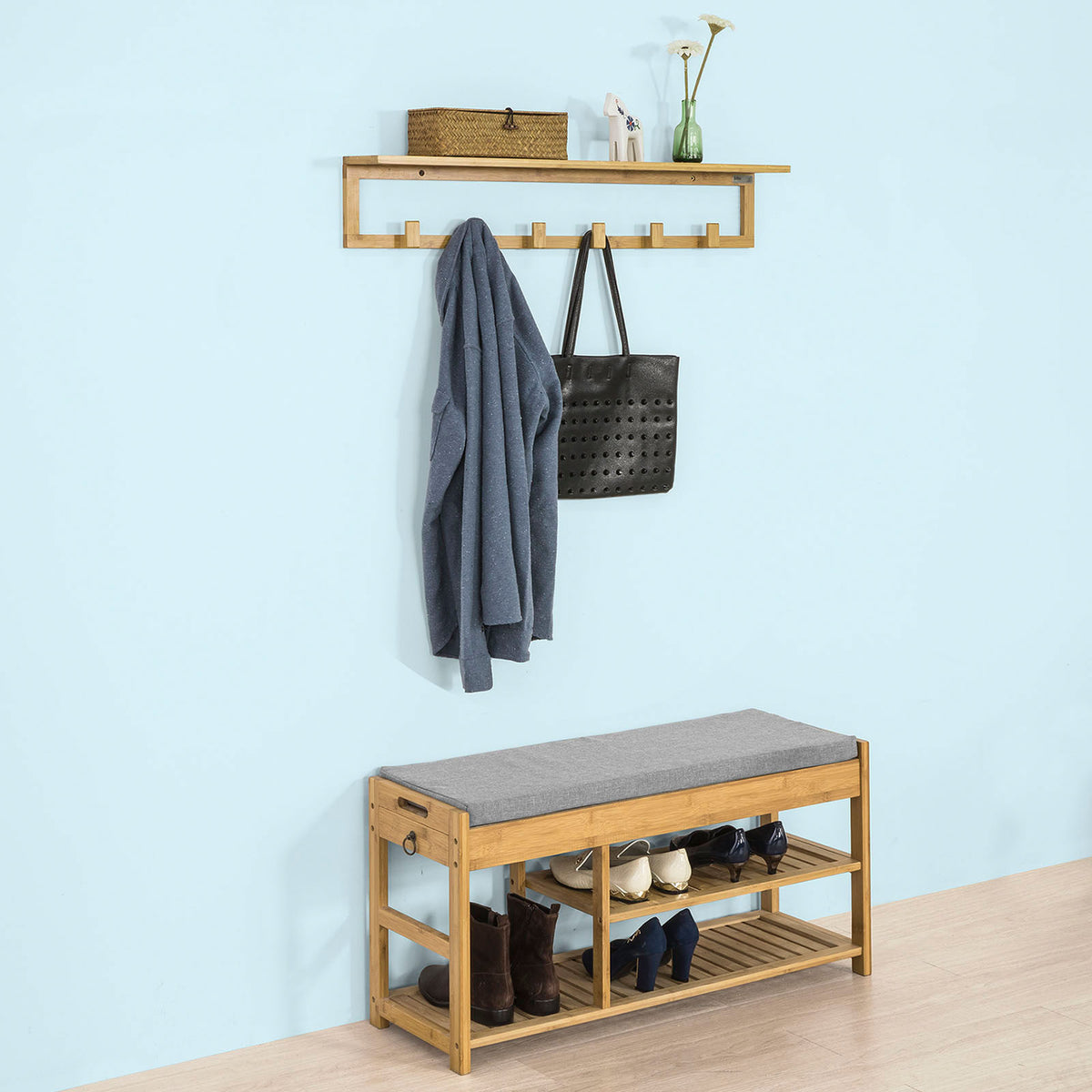 SoBuy FSR47-N+FHK06-N, Hallway Furniture Set, Shoe Bench and Wall Coat Rack, Wood