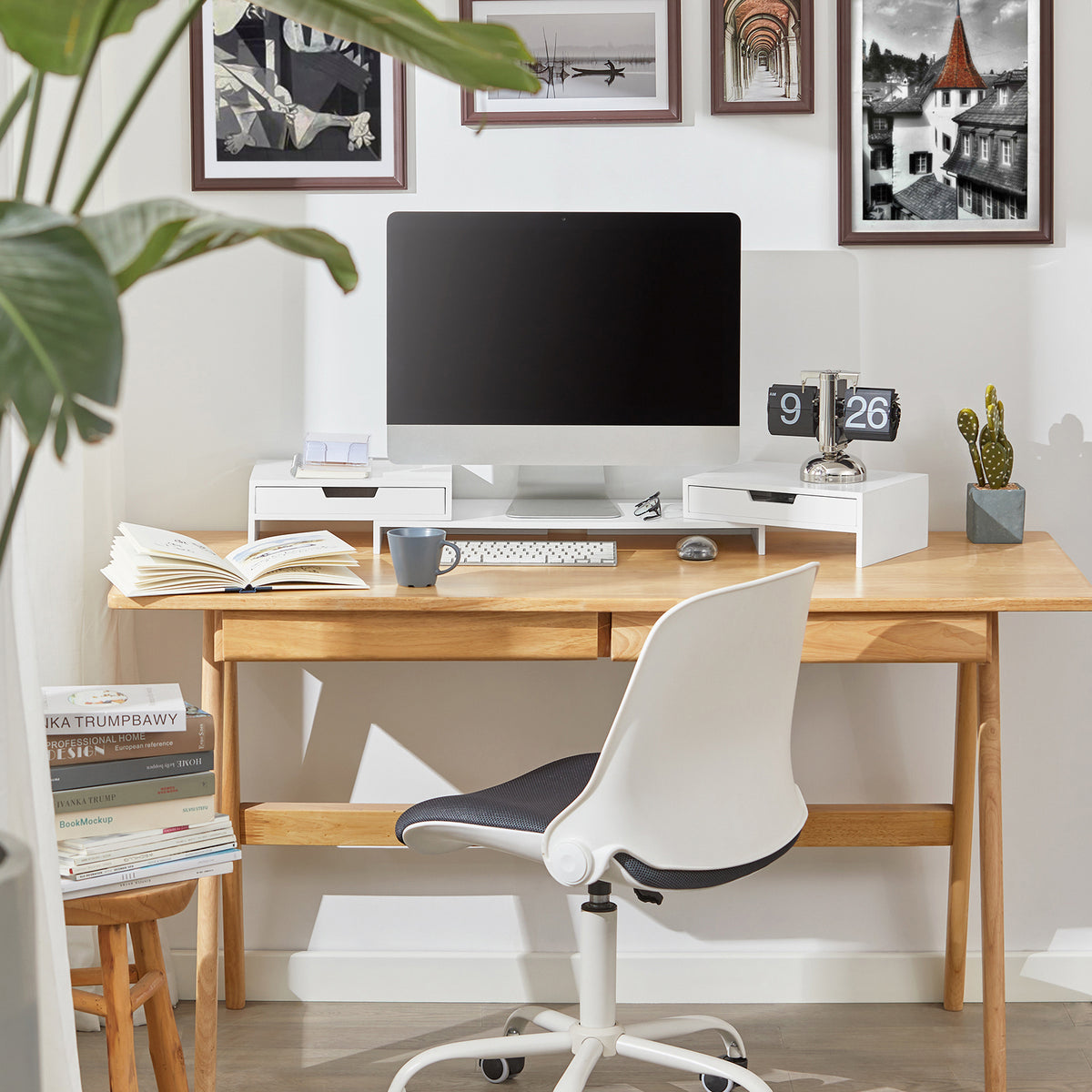 SoBuy BBF04-W, 2 Drawers Computer Screen Monitor Stand Desk Organizer, White