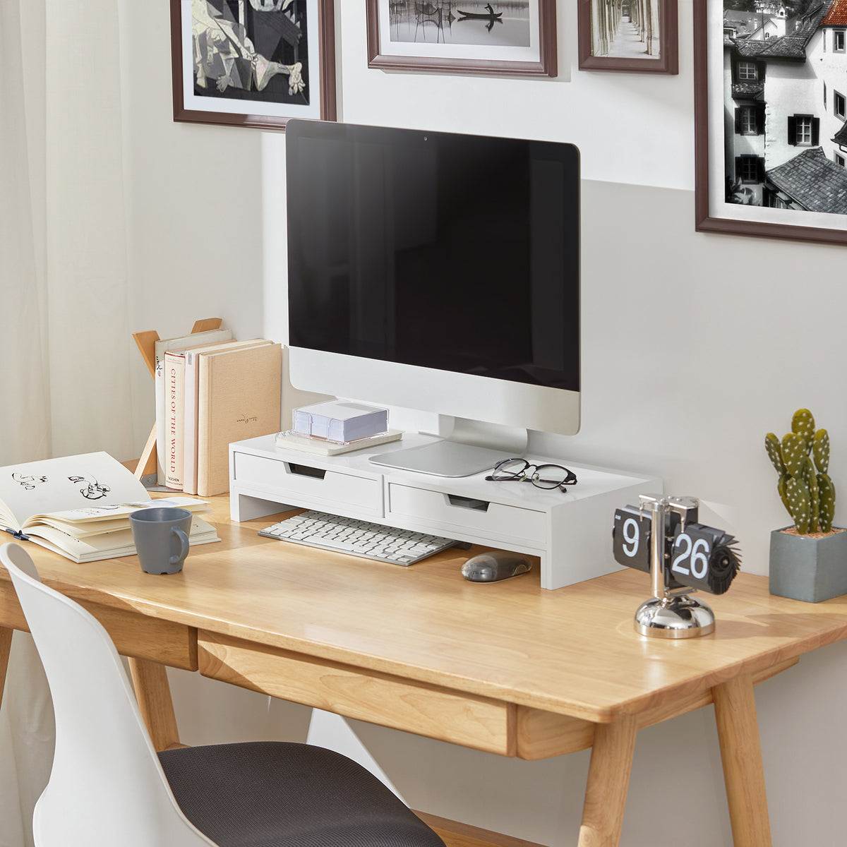 SoBuy BBF04-W, 2 Drawers Computer Screen Monitor Stand Desk Organizer, White