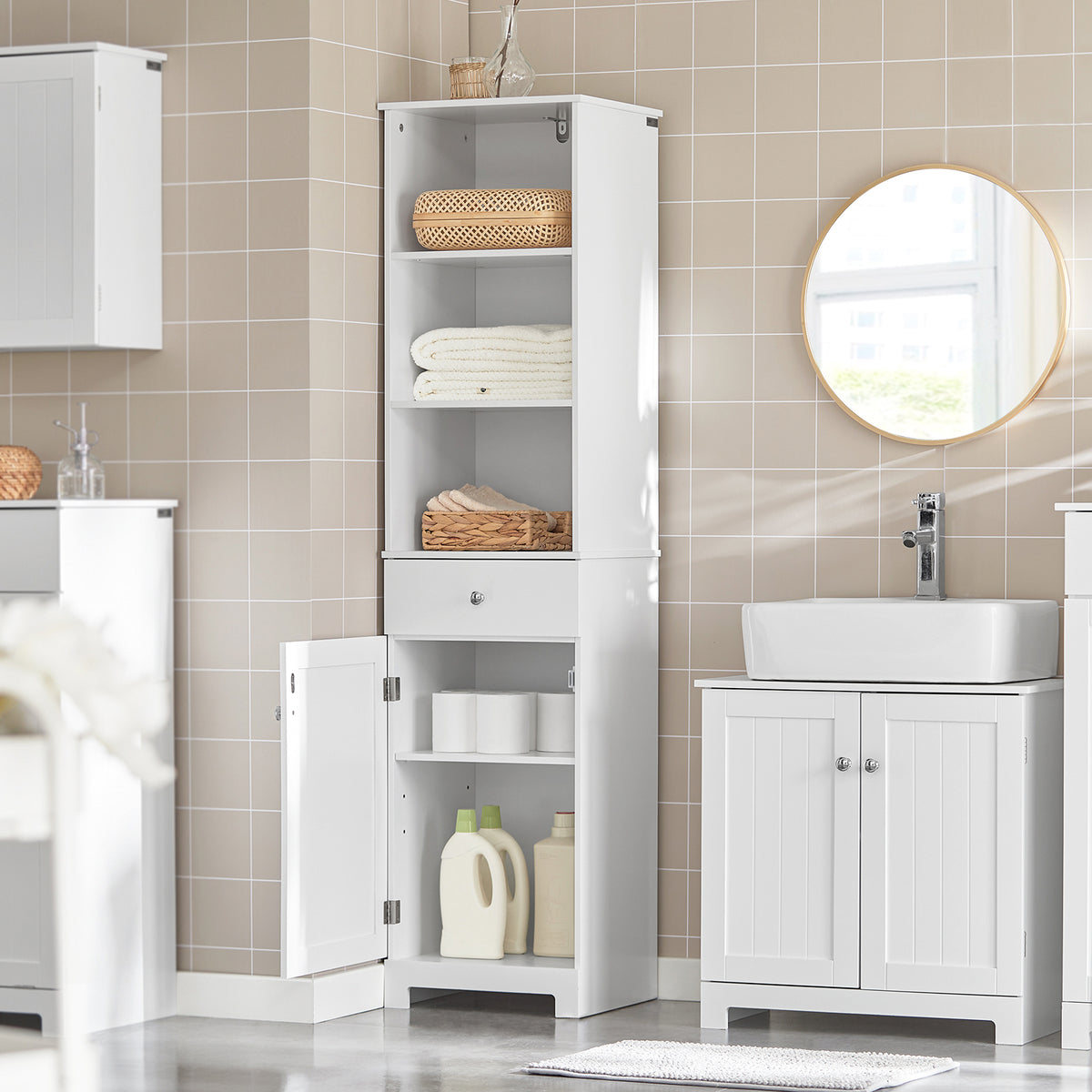 SoBuy BZR17-W, Bathroom Storage Cabinet Unit with 3 Shelves 1 Drawer 1 Cabinet, White