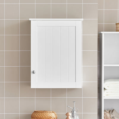 SoBuy BZR19-W wall mounted bathroom cabinet in bathroom setting – white lacquered MDF with door