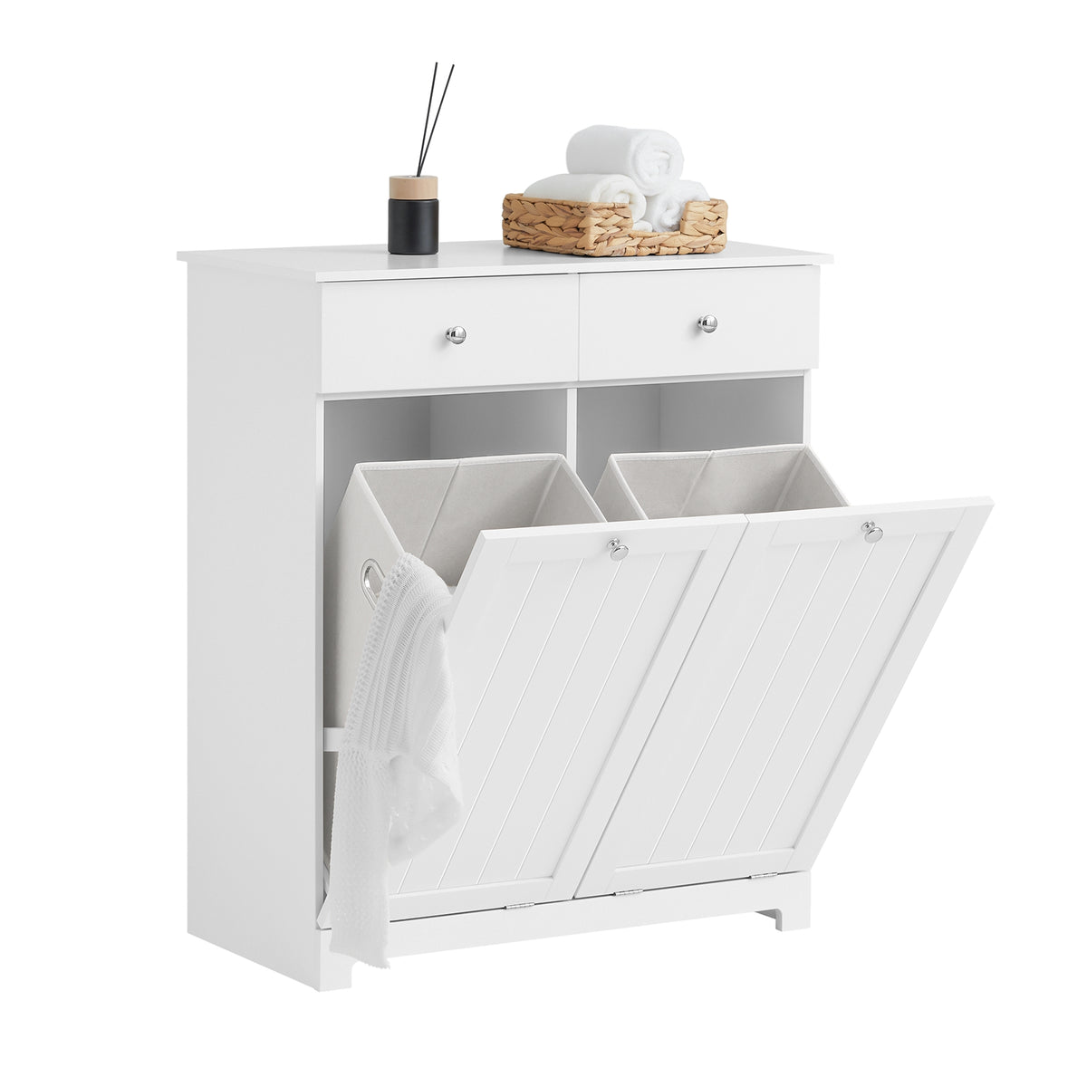 SoBuy BZR33-II-W, Bathroom Cabinet with Laundry Baskets - Bathroom Storage Unit with 2 Drawers and 2 Removable Baskets, Laundry Cabinet for Towel Storage in MDF, White, W78 x D38 x H90 cm