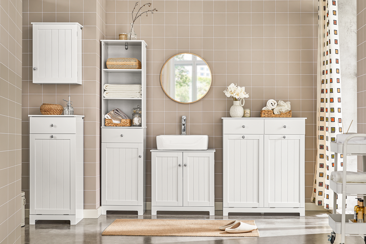 SoBuy BZR33-II-W, Bathroom Cabinet with Laundry Baskets - Bathroom Storage Unit with 2 Drawers and 2 Removable Baskets, Laundry Cabinet for Towel Storage in MDF, White, W78 x D38 x H90 cm