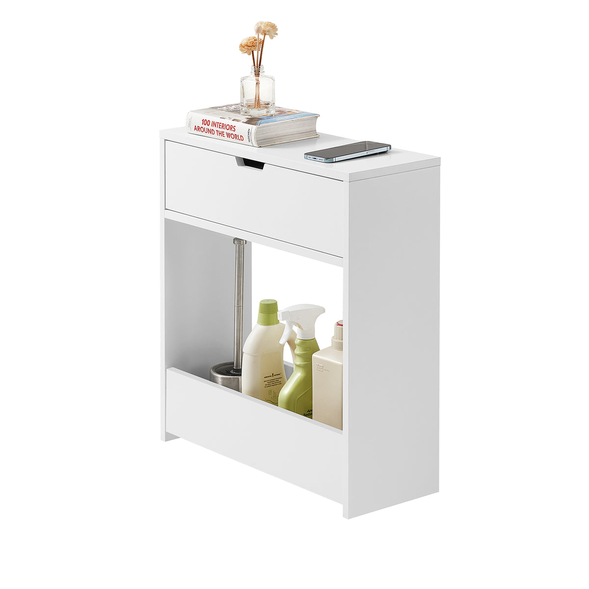 SoBuy BZR48-W, Bathroom Toilet Paper Roll Holder, Narrow Shelf Storage Cabinet, White