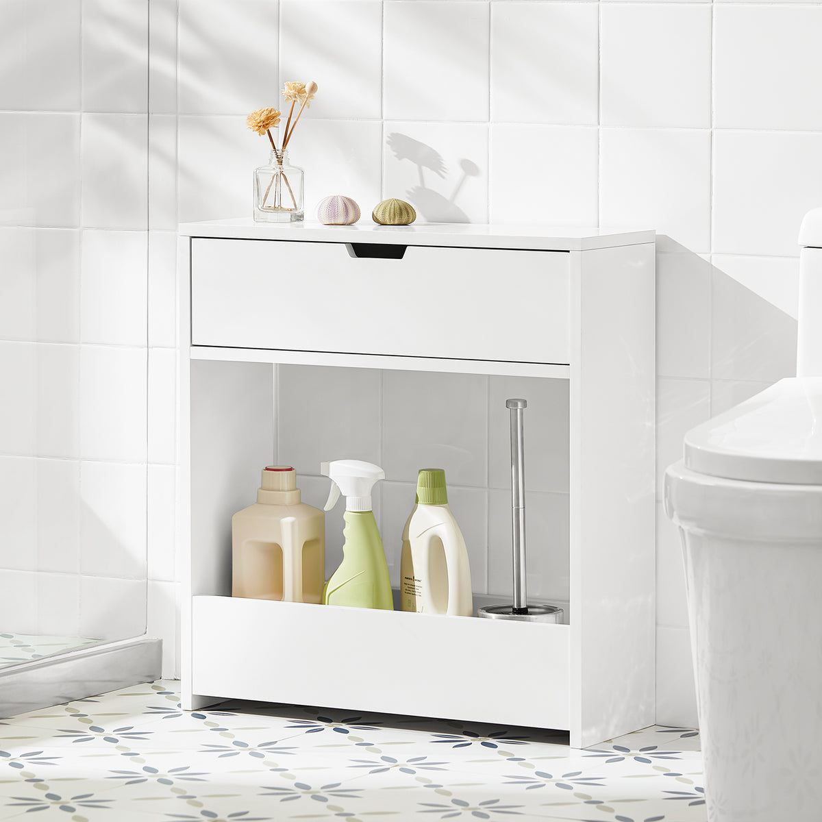 SoBuy BZR48-W, Bathroom Toilet Paper Roll Holder, Narrow Shelf Storage Cabinet, White