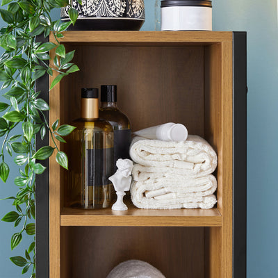 SoBuy BZR62-PF, Tall Slim Bathroom Storage Cabinet with 3 Open Shelves and 1 Door – Freestanding Narrow Bathroom Unit, Industrial Wood Look, 30x168x28cm