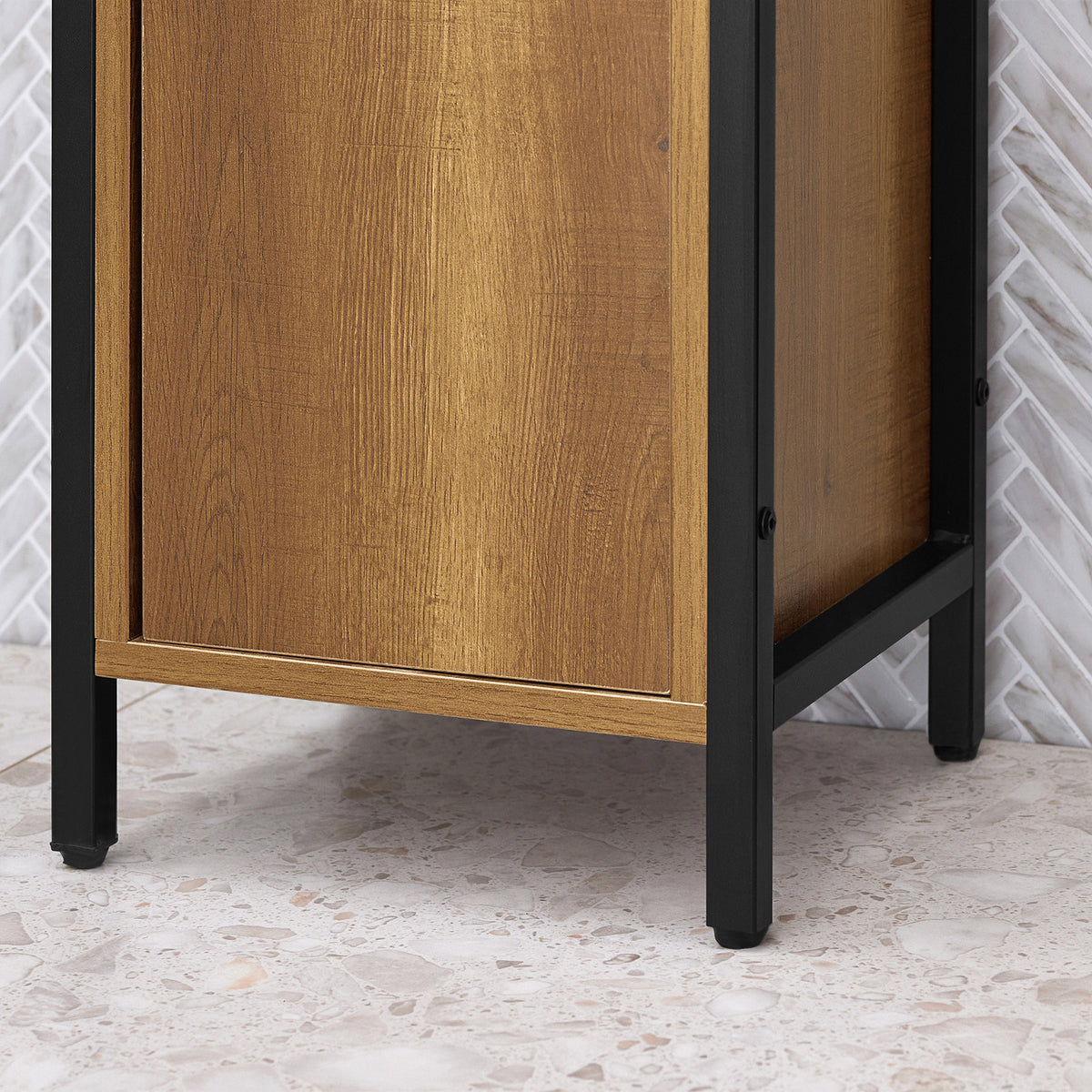 SoBuy BZR62-PF, Tall Slim Bathroom Storage Cabinet with 3 Open Shelves and 1 Door – Freestanding Narrow Bathroom Unit, Industrial Wood Look, 30x168x28cm