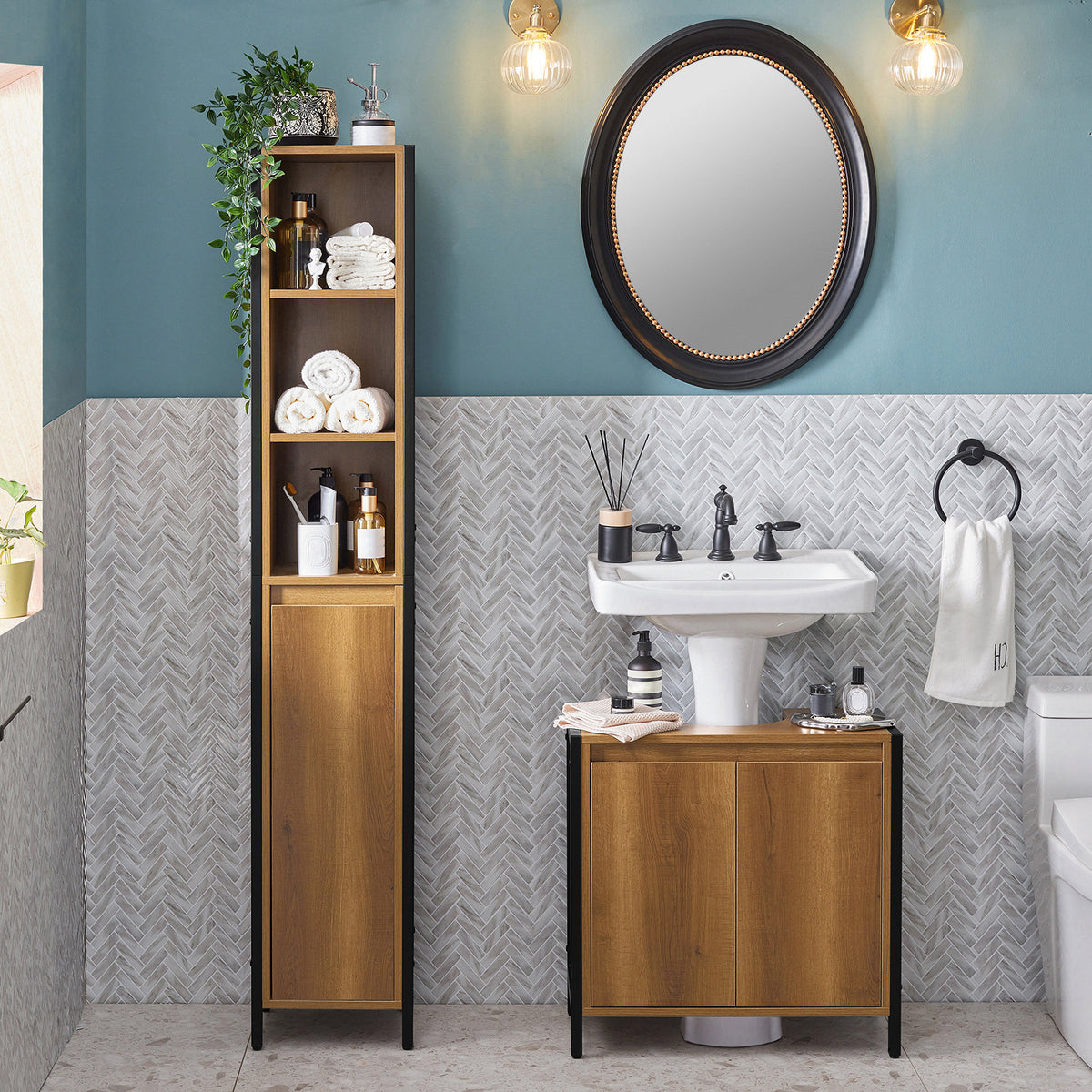 SoBuy BZR62-PF, Tall Slim Bathroom Storage Cabinet with 3 Open Shelves and 1 Door – Freestanding Narrow Bathroom Unit, Industrial Wood Look, 30x168x28cm