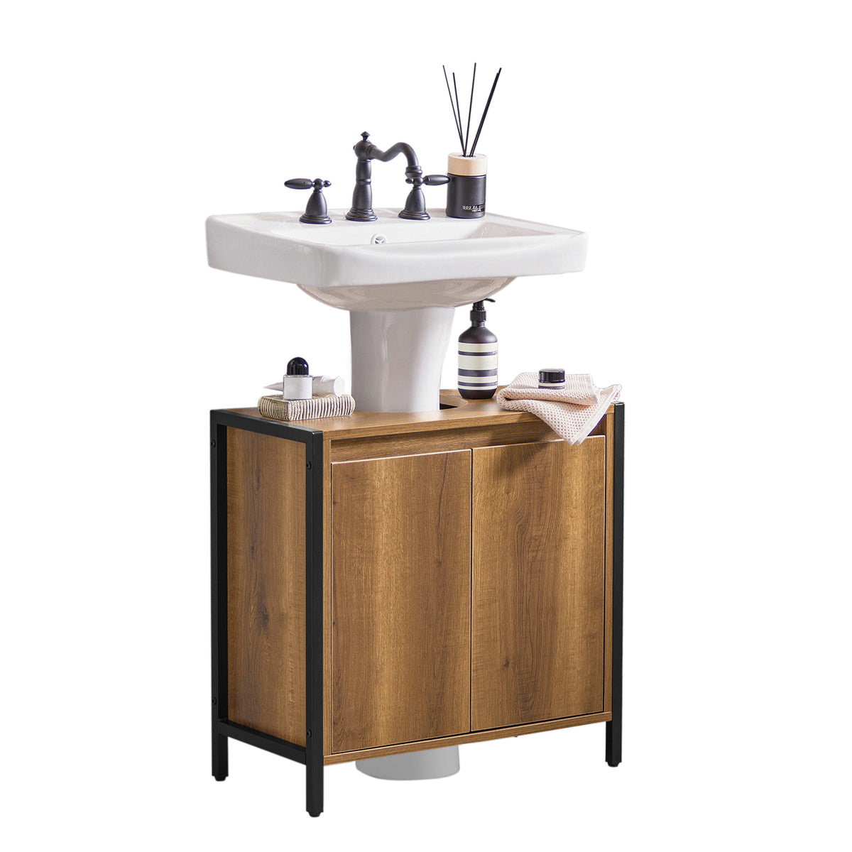 SoBuy BZR63-II-PF, Under Sink Bathroom Cabinet Slim Bathroom Storage Unit with 2 Doors & Shelf, Freestanding Bathroom Sink Cabinet for Small Bathrooms & Guest Toilets 60x60x30 cm