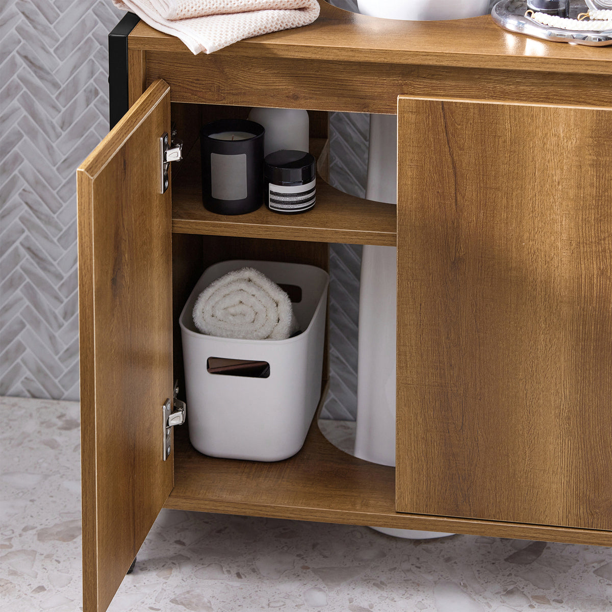SoBuy BZR63-II-PF, Under Sink Bathroom Cabinet Slim Bathroom Storage Unit with 2 Doors & Shelf, Freestanding Bathroom Sink Cabinet for Small Bathrooms & Guest Toilets 60x60x30 cm