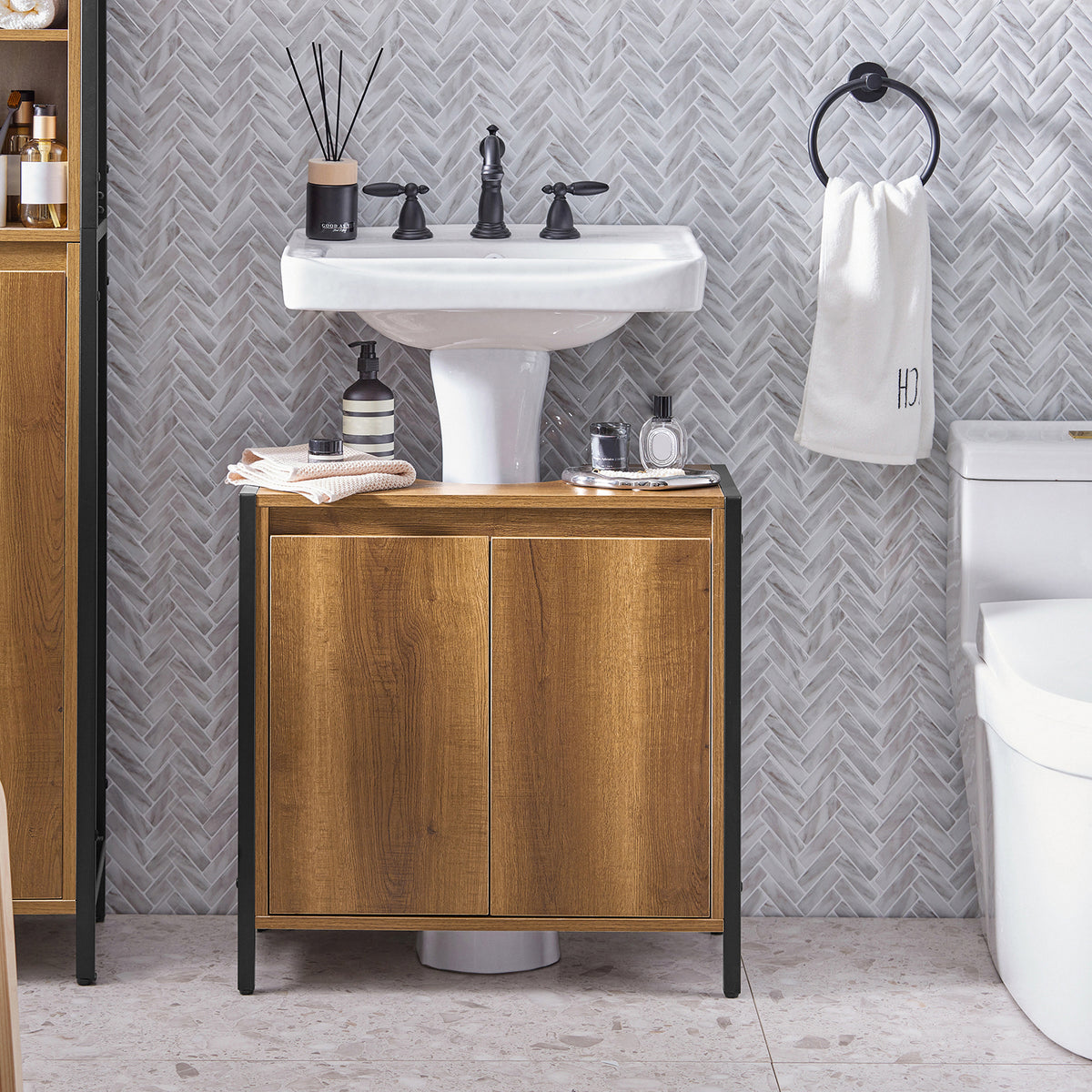 SoBuy BZR63-II-PF, Under Sink Bathroom Cabinet Slim Bathroom Storage Unit with 2 Doors & Shelf, Freestanding Bathroom Sink Cabinet for Small Bathrooms & Guest Toilets 60x60x30 cm