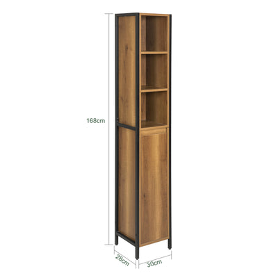 SoBuy BZR62-PF, Tall Slim Bathroom Storage Cabinet with 3 Open Shelves and 1 Door – Freestanding Narrow Bathroom Unit, Industrial Wood Look, 30x168x28cm